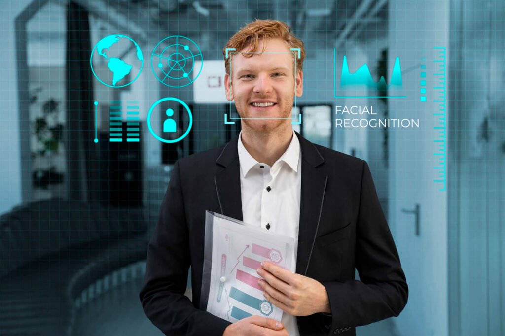 Business professional holding marketing growth report with digital analytics overlay