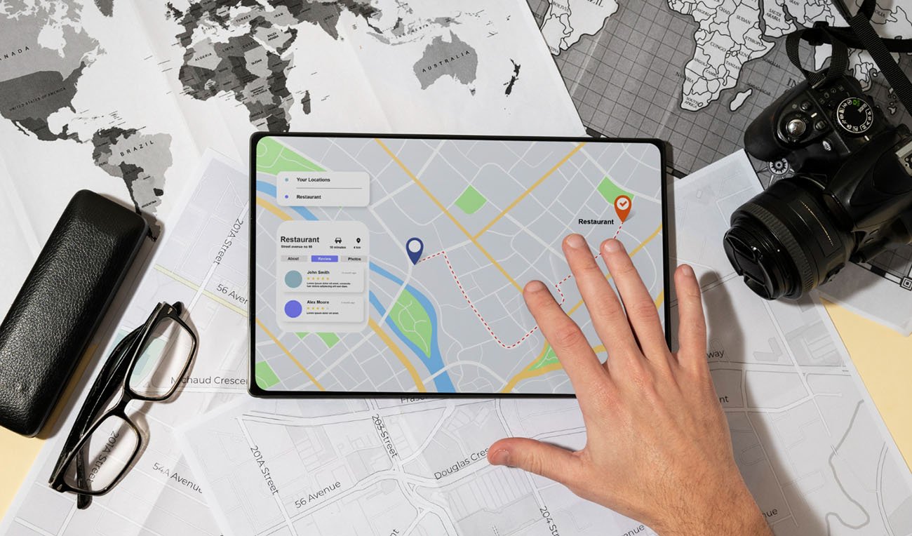 Tablet showing Google Maps with local business listing reviews and location pins